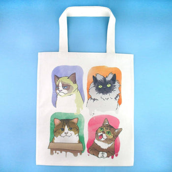 Adorable Kitty Cats Watercolor Print Illustrated Canvas Tote Bag