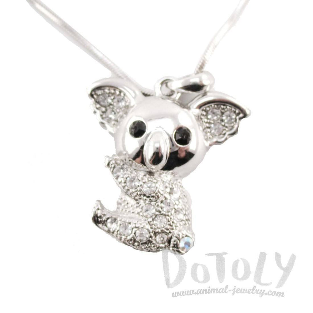 Adorable Koala Bear Shaped Pendant Necklace in Silver with Rhinestones