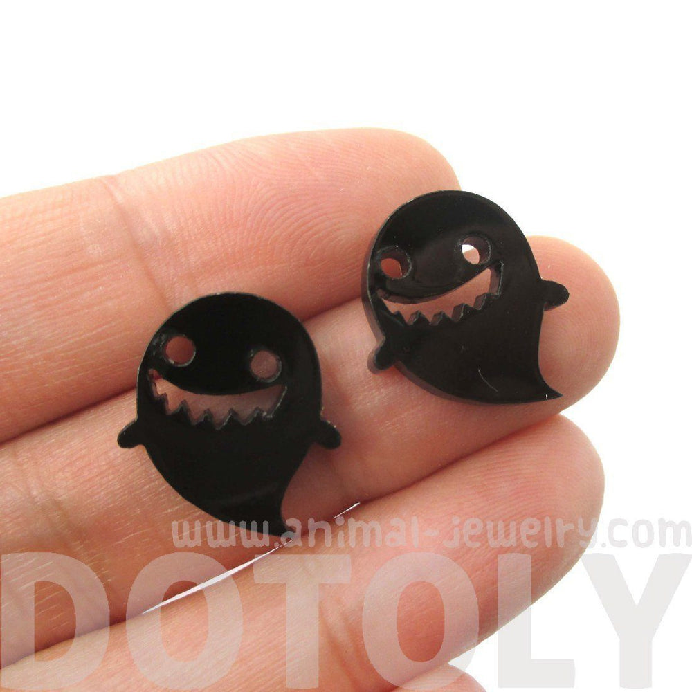 Adorable Laser Cut Acrylic Ghost Shaped Statement Stud Earrings in Black | DOTOLY