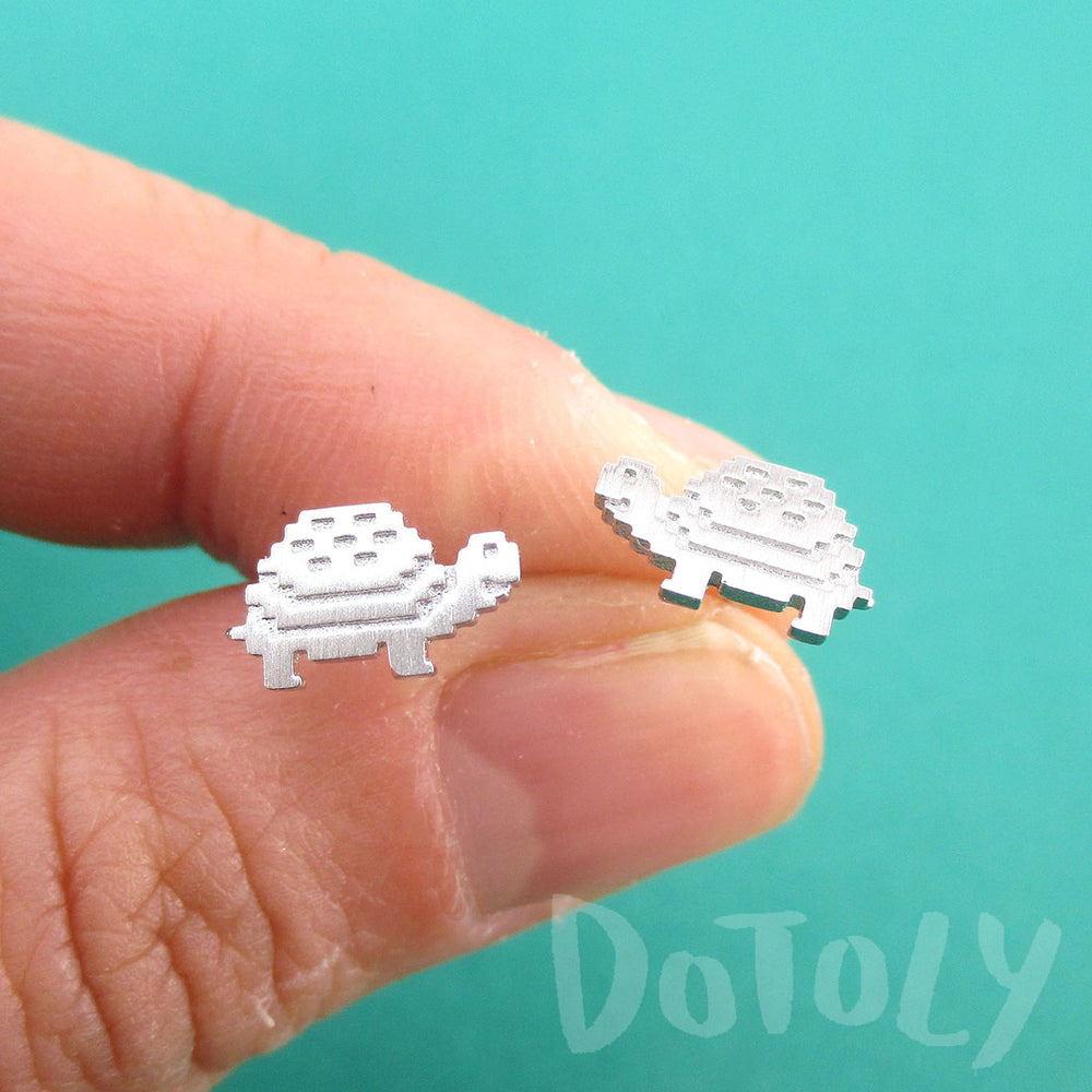 Adorable Pixel Turtle Tortoise Shaped Stud Earrings in Silver | DOTOLY