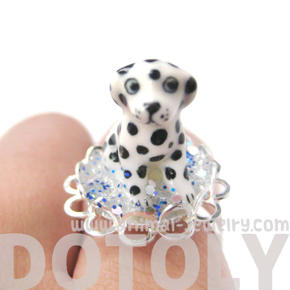 Adorable Porcelain Ceramic Dalmatian Puppy Dog Adjustable Ring | Animal Jewelry | DOTOLY