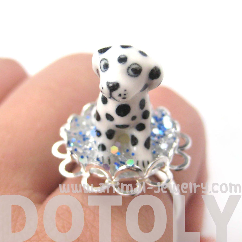 Adorable Porcelain Ceramic Dalmatian Puppy Dog Adjustable Ring | Animal Jewelry | DOTOLY