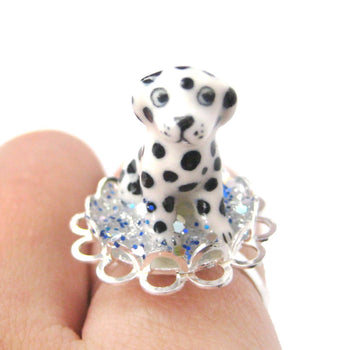 Adorable Porcelain Ceramic Dalmatian Puppy Dog Adjustable Ring | Animal Jewelry | DOTOLY