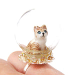 Adorable Porcelain Striped Kitty Cat Glass Snow Globe Bubble Adjustable Ring | Animal Jewelry | DOTOLY