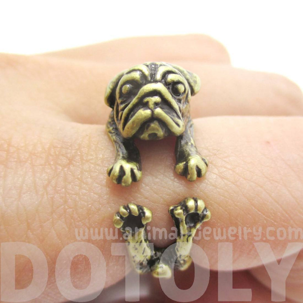 Adorable Pug Puppy Dog Shaped Animal Wrap Around Ring in Brass | Sizes 6 to 9 | DOTOLY