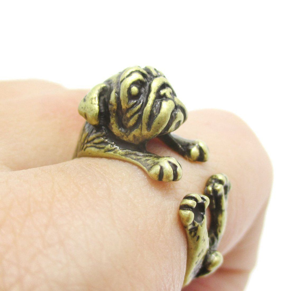 Adorable Pug Puppy Dog Shaped Animal Wrap Around Ring in Brass | Sizes 6 to 9 | DOTOLY