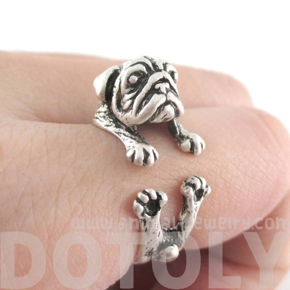 Adorable Pug Puppy Dog Shaped Animal Wrap Around Ring in Silver | Sizes 6 to 9 | DOTOLY