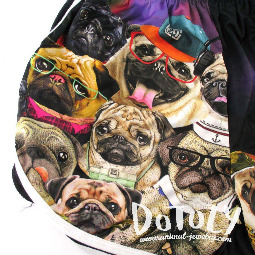 Adorable Pugs Wearing Costumes Collage Print Elastic Waist Shorts | DOTOLY