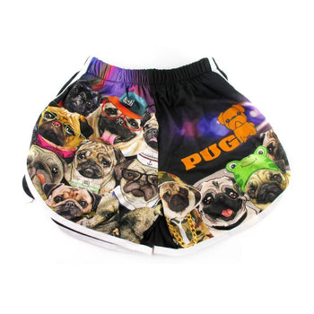 Adorable Pugs Wearing Costumes Collage Print Elastic Waist Shorts | DOTOLY