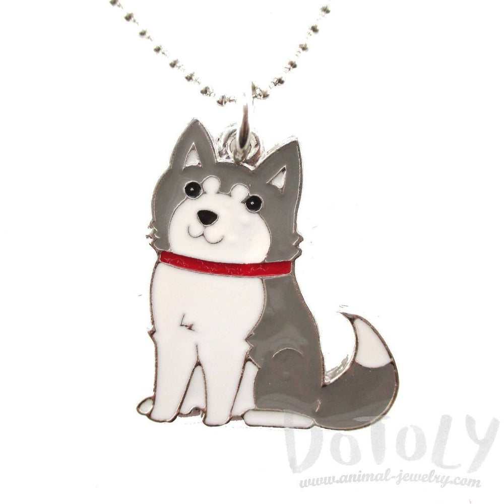 Adorable Puppy Dog Shaped Animal Pendant Necklace in Grey and White | DOTOLY