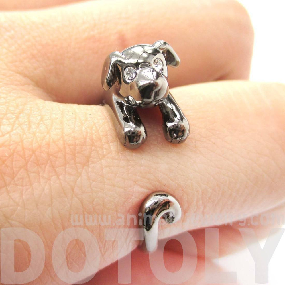 Adorable Puppy Dog Shaped Animal Wrap Around Ring in Gunmetal Silver | US Sizes 4 to 9 | DOTOLY