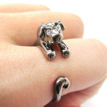 Adorable Puppy Dog Shaped Animal Wrap Around Ring in Gunmetal Silver | US Sizes 4 to 9 | DOTOLY