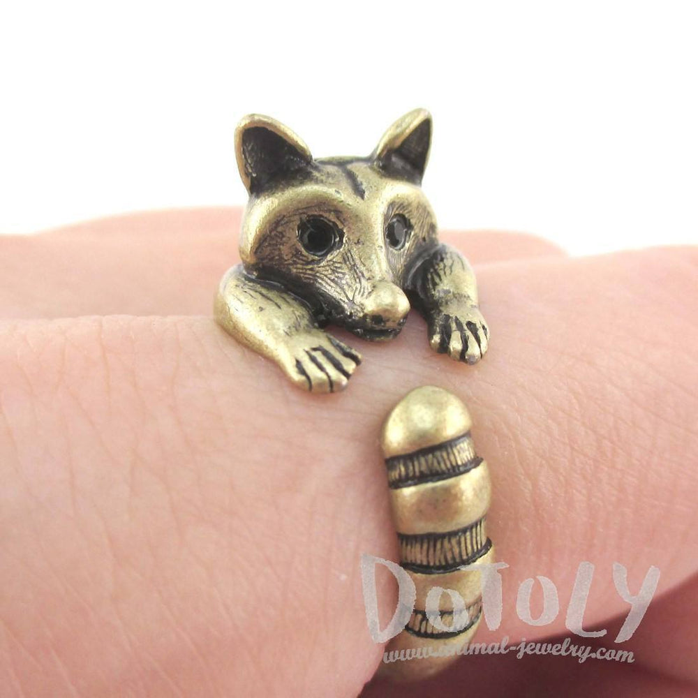Cute Raccoon Wrapped Around Your Finger Shaped Animal Ring in Brass