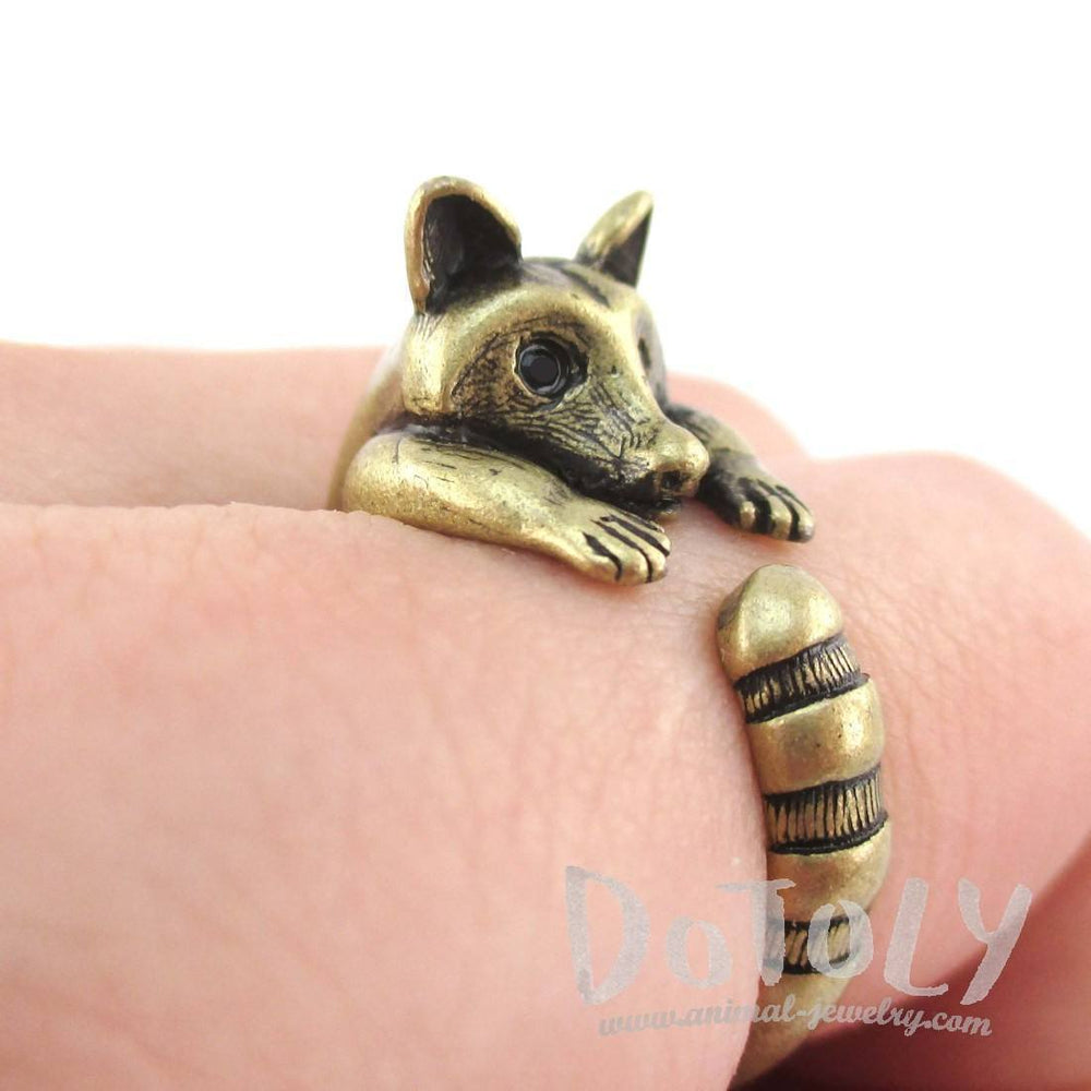 Cute Raccoon Wrapped Around Your Finger Shaped Animal Ring in Brass