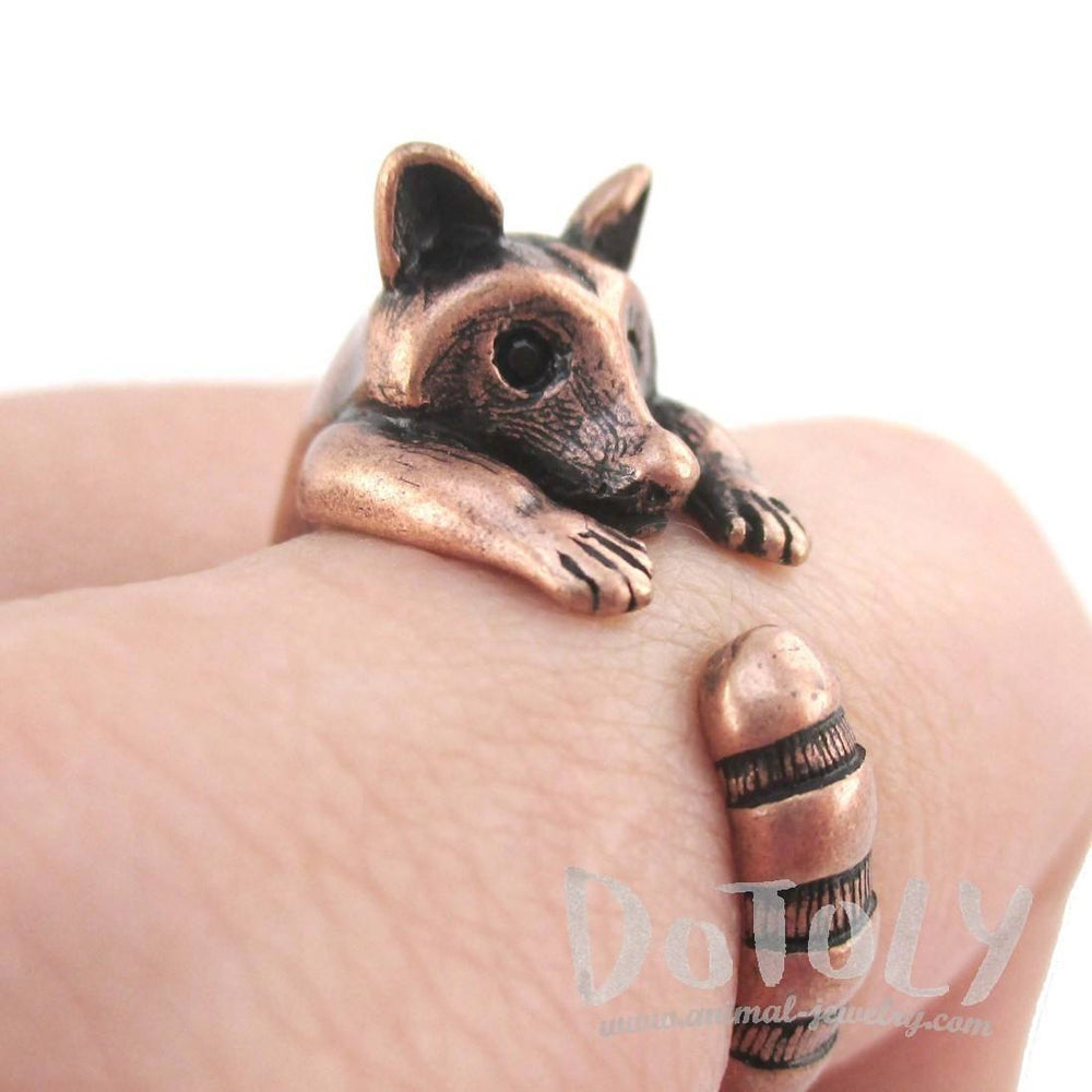 3D Raccoon Wrapped Around Your Finger Shaped Animal Ring in Copper