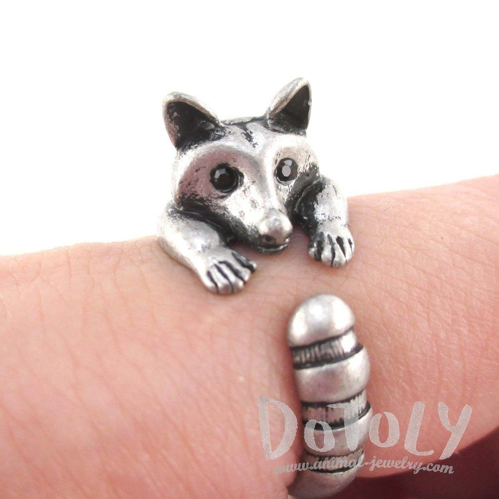 3D Raccoon Wrapped Around Your Finger Shaped Animal Ring in Silver