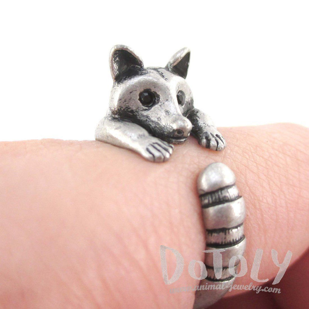 3D Raccoon Wrapped Around Your Finger Shaped Animal Ring in Silver