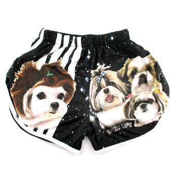 Adorable Shih Tzu Space Star Print Elastic Waist Shorts in Black with Stripes | DOTOLY