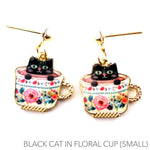 Black Teacup Kitty Cat in a Floral China Cup Dangle Stud Earrings