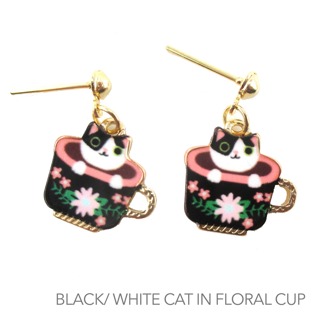 Black and White Teacup Kitty Cat in a Cup Dangle Stud Earrings