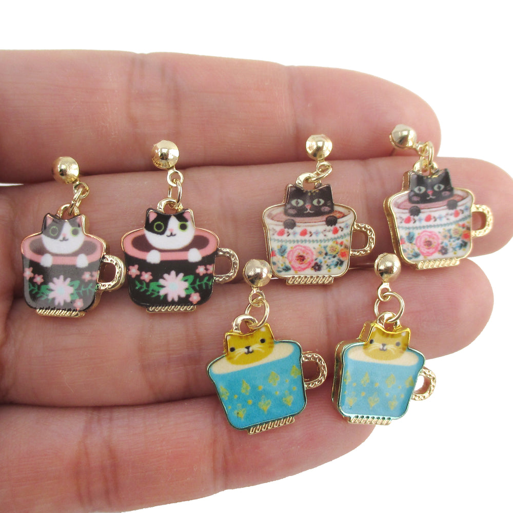 Adorable Teacup Kitty Cats in a Cup Catpuccino Dangle Stud Earrings