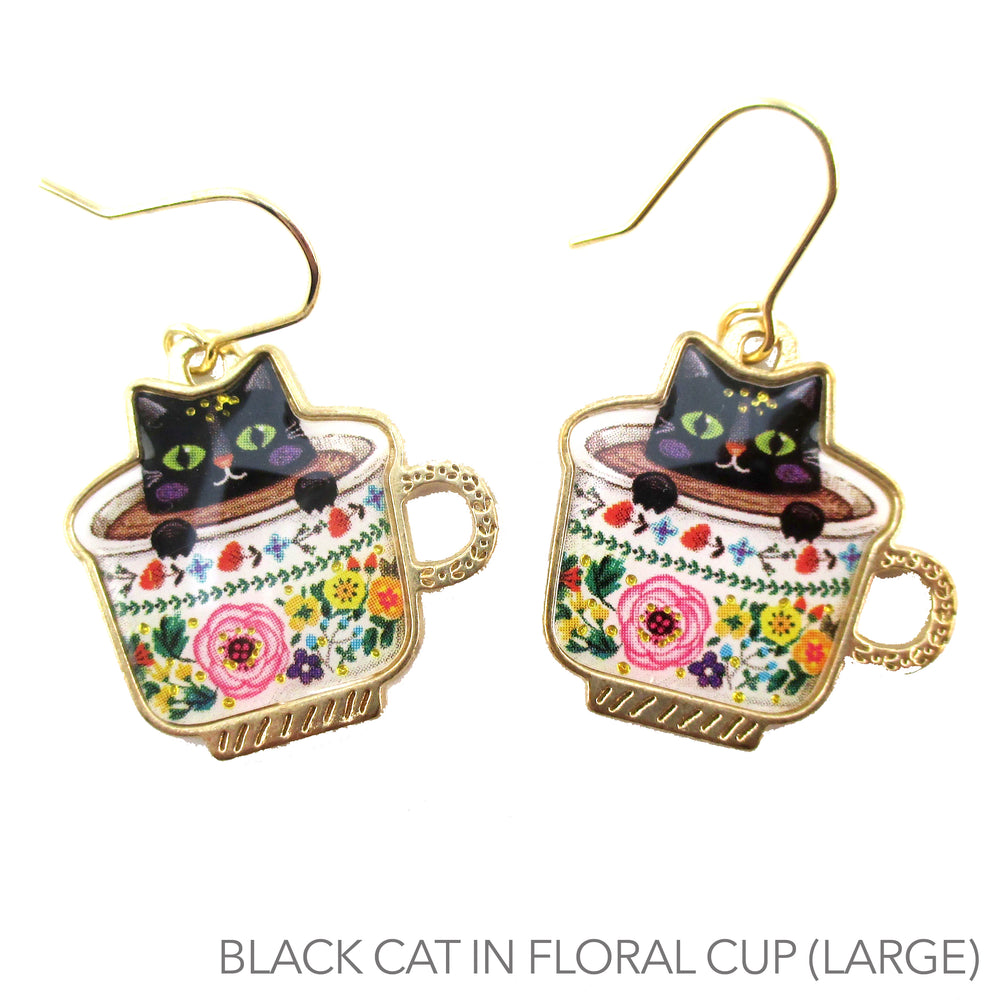 Adorable Teacup Kitty Cats in a Cup Catpuccino Dangle Drop Earrings