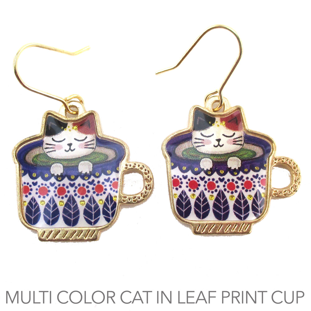 Adorable Black and Tan Teacup Kitty Cat in a  Leaf Print Cup Catpuccino Dangle Stud Earrings
