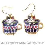 Adorable Black and Tan Teacup Kitty Cat in a  Leaf Print Cup Catpuccino Dangle Stud Earrings