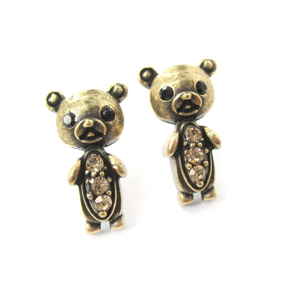 Adorable Teddy Bear Shaped Stud Earrings in Brass with Rhinestones | Animal Jewelry | DOTOLY
