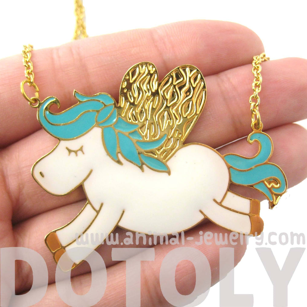Adorable Pegasus Horse Animal Pendant Necklace in Turquoise on Gold | Limited Edition | DOTOLY