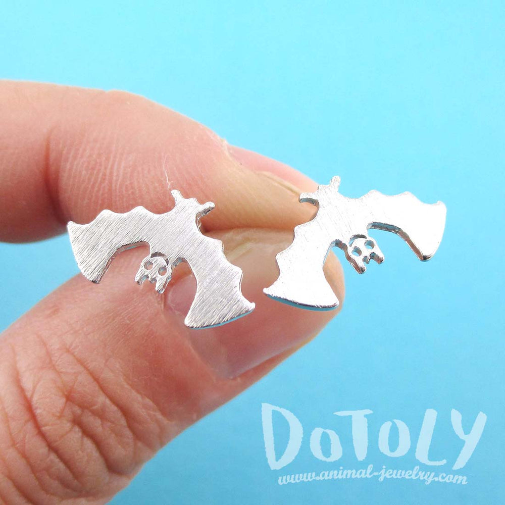 Adorable Upside Down Bat Shaped Stud Earrings in Silver