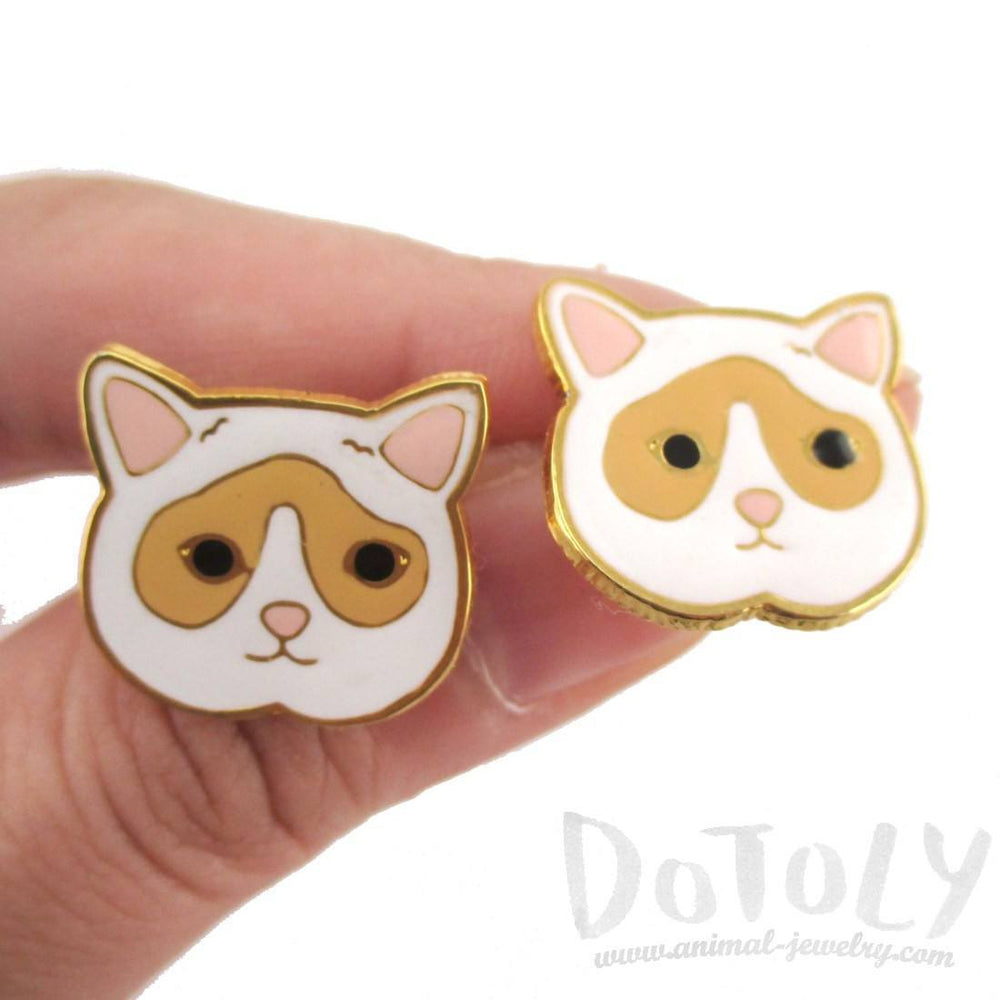 Adorable White and Tan Kitty Cat Face Shaped Stud Earrings | Limited Edition | DOTOLY