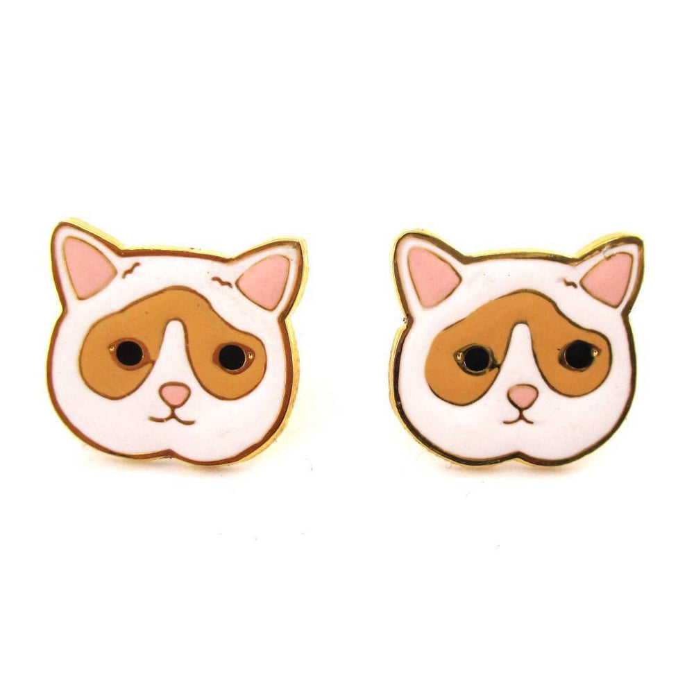 Adorable White and Tan Kitty Cat Face Shaped Stud Earrings | Limited Edition | DOTOLY