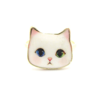 Adorable White Odd-eyed Kitty Cat Face Shaped Adjustable Ring | Animal Jewelry | DOTOLY