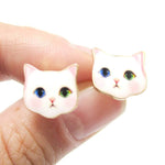 Adorable White Odd-eyed Kitty Cat Face Shaped Stud Earrings | Animal Jewelry | DOTOLY