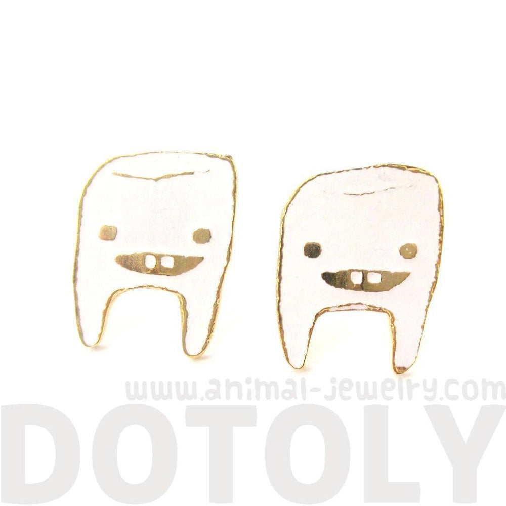 Adorable Wisdom Tooth Smiley Face Shaped Stud Earrings in White on Gold | Limited Edition | DOTOLY