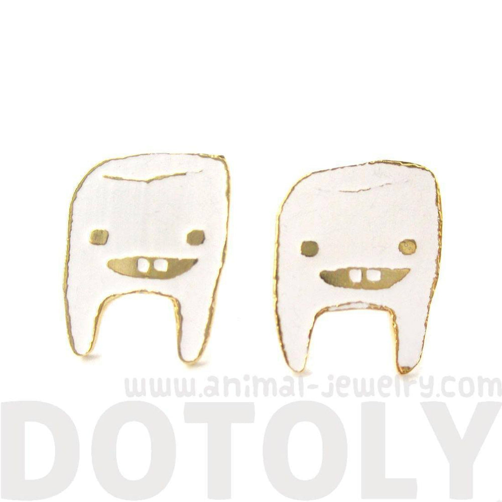 Adorable Wisdom Tooth Smiley Face Shaped Stud Earrings in White on Gold | Limited Edition | DOTOLY
