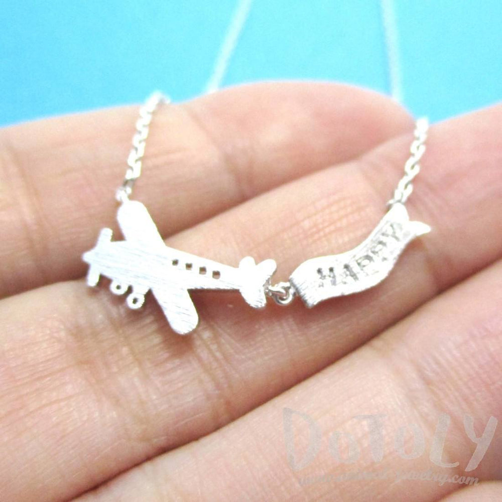 Airplane With Happy Banner Shaped Motivational Charm Necklace in Silver | DOTOLY | DOTOLY