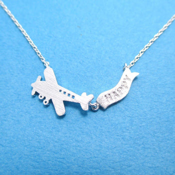 Airplane With Happy Banner Shaped Motivational Charm Necklace in Silver | DOTOLY | DOTOLY