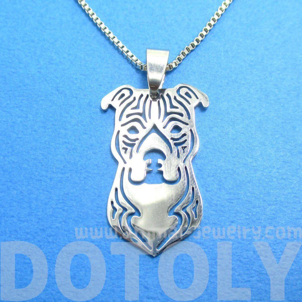 Amstaff Pit bull Dog Face Shaped Cut Out Pendant Necklace in Silver | Animal Jewelry | DOTOLY