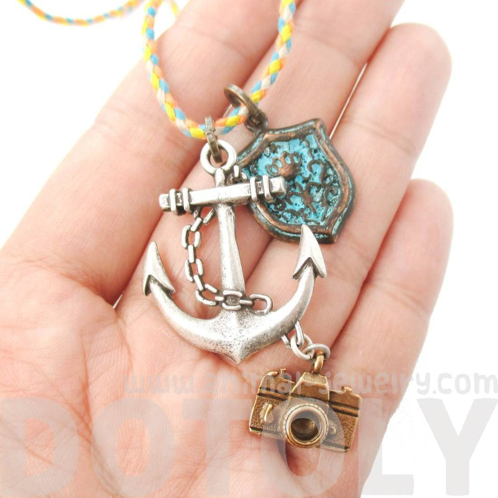 Anchor Crest and Camera Shaped Charm Necklace in Silver | DOTOLY | DOTOLY
