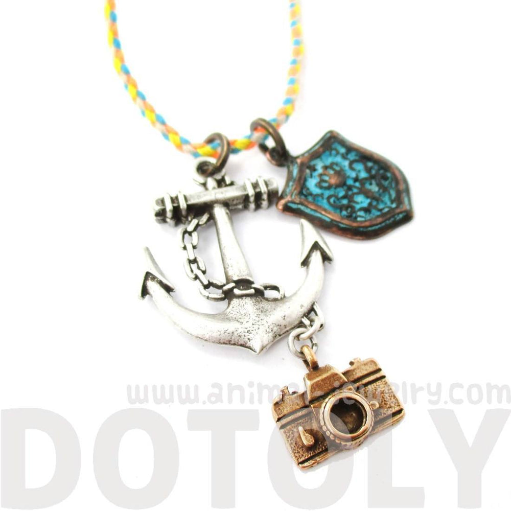 Anchor Crest and Camera Shaped Charm Necklace in Silver | DOTOLY | DOTOLY