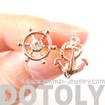 Nautical Themed Anchor and Wheel Shaped Stud Earrings in Rose Gold | DOTOLY