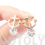 Anchor Shaped Nautical Themed Stud Earrings in Rose Gold with Rhinestones | DOTOLY