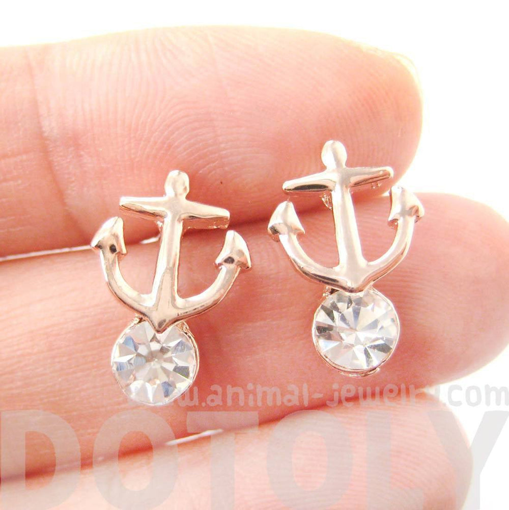 Anchor Shaped Nautical Themed Stud Earrings in Rose Gold with Rhinestones | DOTOLY