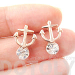 Anchor Shaped Nautical Themed Stud Earrings in Rose Gold with Rhinestones | DOTOLY