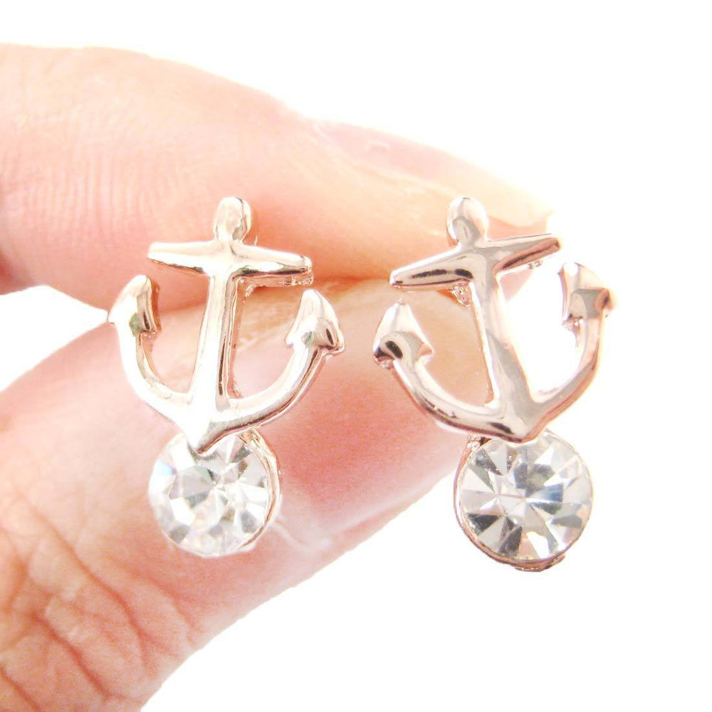 Anchor Shaped Nautical Themed Stud Earrings in Rose Gold with Rhinestones | DOTOLY