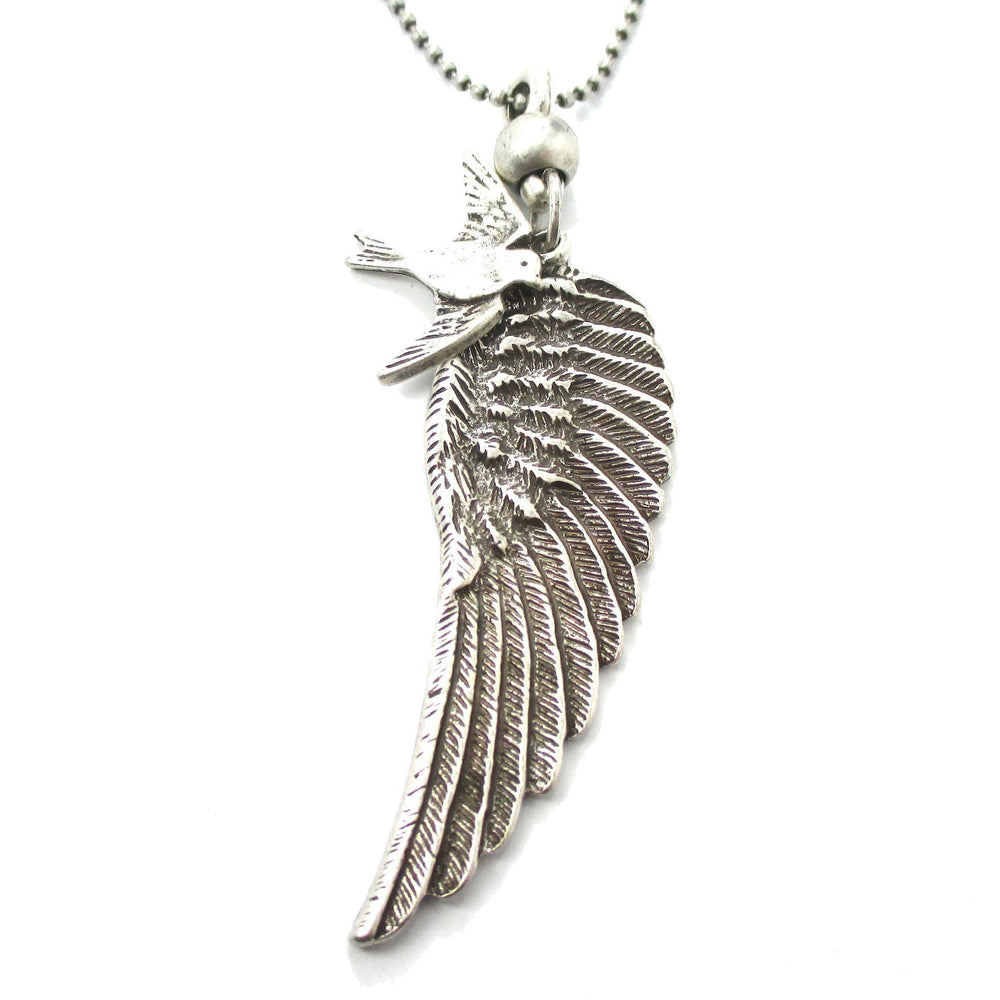 Angel Wing Feather and Dove Shaped Pendant Necklace in Silver | DOTOLY | DOTOLY