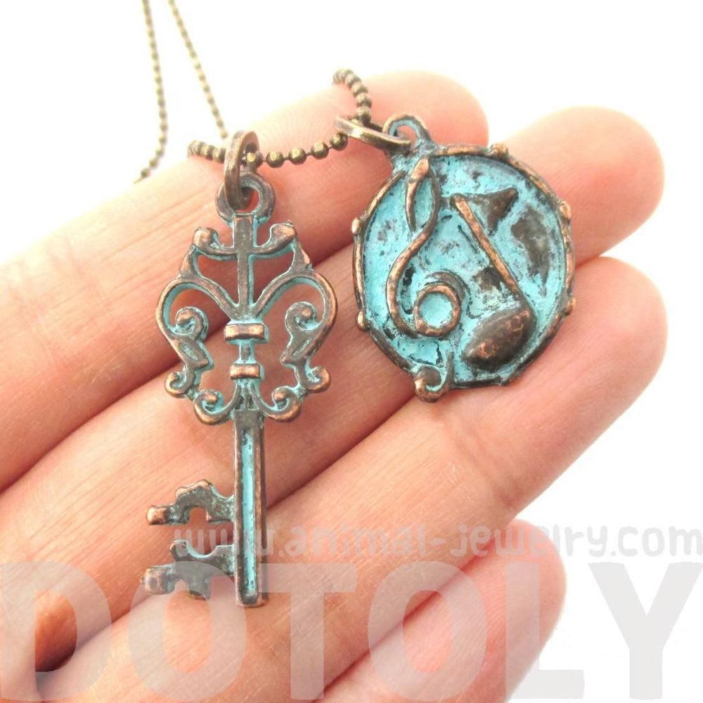 Antique Skeleton Key and Musical Notes Shaped Charm Necklace in Brass | DOTOLY | DOTOLY