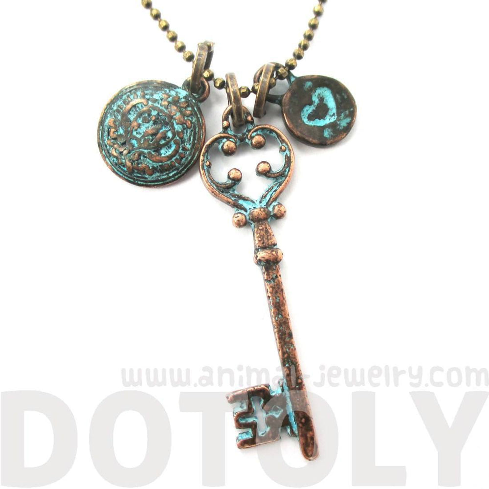 Antique Skeleton Key Heart and Crest Shaped Charm Necklace in Brass | DOTOLY | DOTOLY